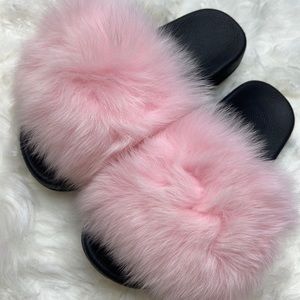 Pink Fox Fur Slides